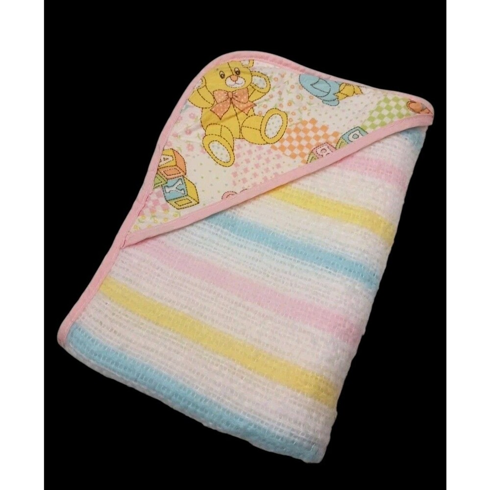 Vintage Beacon Baby Waffle Weave Blanket Pastel Stripe Knit w/ RARE Flannel Hood